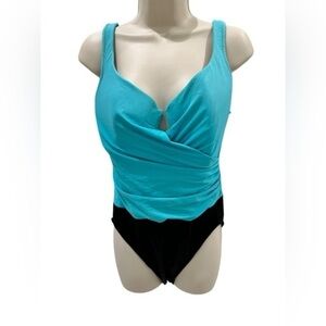 Miraclesuit PLUS SIZE Colorblock Swim Suit Black Aqua Ruched Underwire